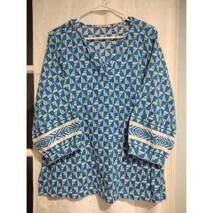 Soft Surroundings Narah Blue White Geometric 3/4 Puff Sleeves Tunic Boho Large